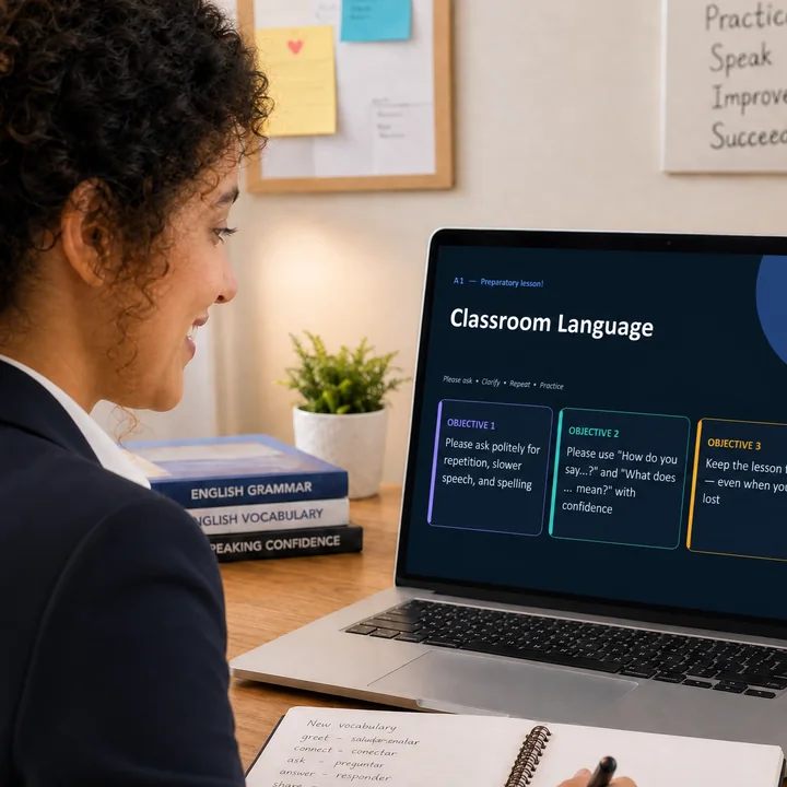 Aluna acompanhando a aula de inglês pelo notebook e anotando o vocabulário
