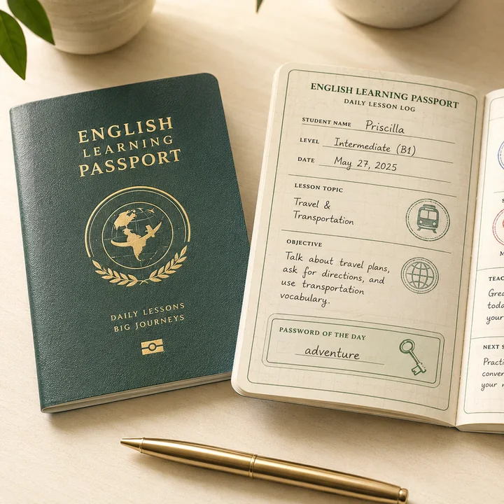 Passaporte do aluno, aberto na página do dia, com a senha da aula